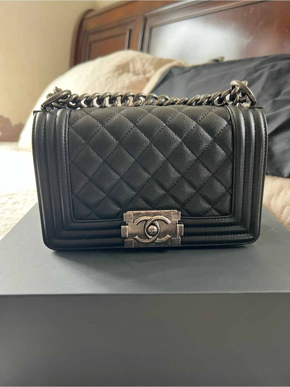 CHANEL Black Quilted Boy Flap Shoulder Bag with Gunmetal Hardware